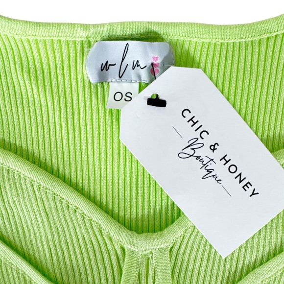 Chic & Honey Lime Green Ribbed Long Sleeve Square Neck Bodysuit OS - Picture 4 of 6